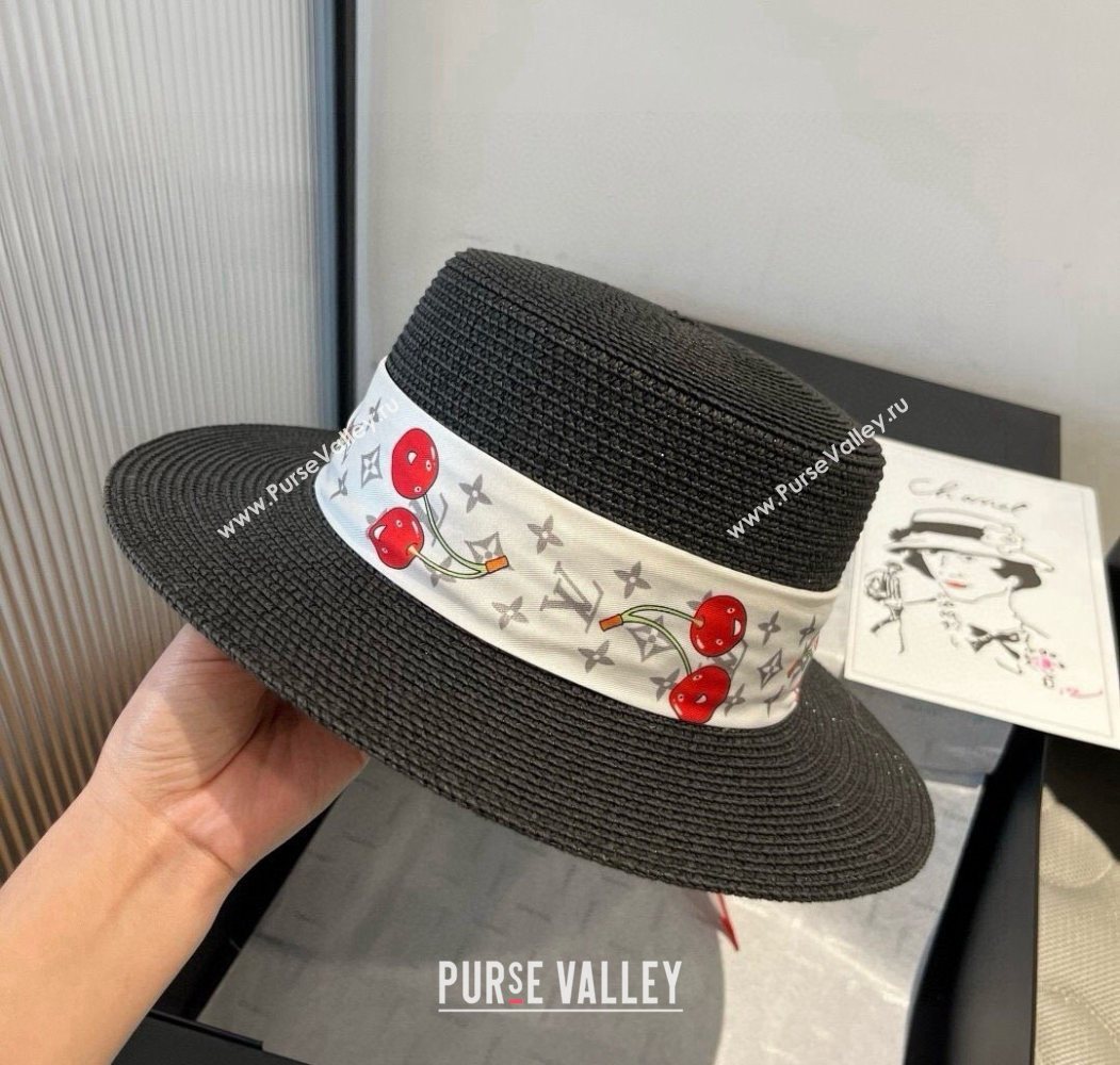 Louis Vuitton Straw Wide Brim Hat with Cherry Band Black 2025 0724 (XMN-250724087)