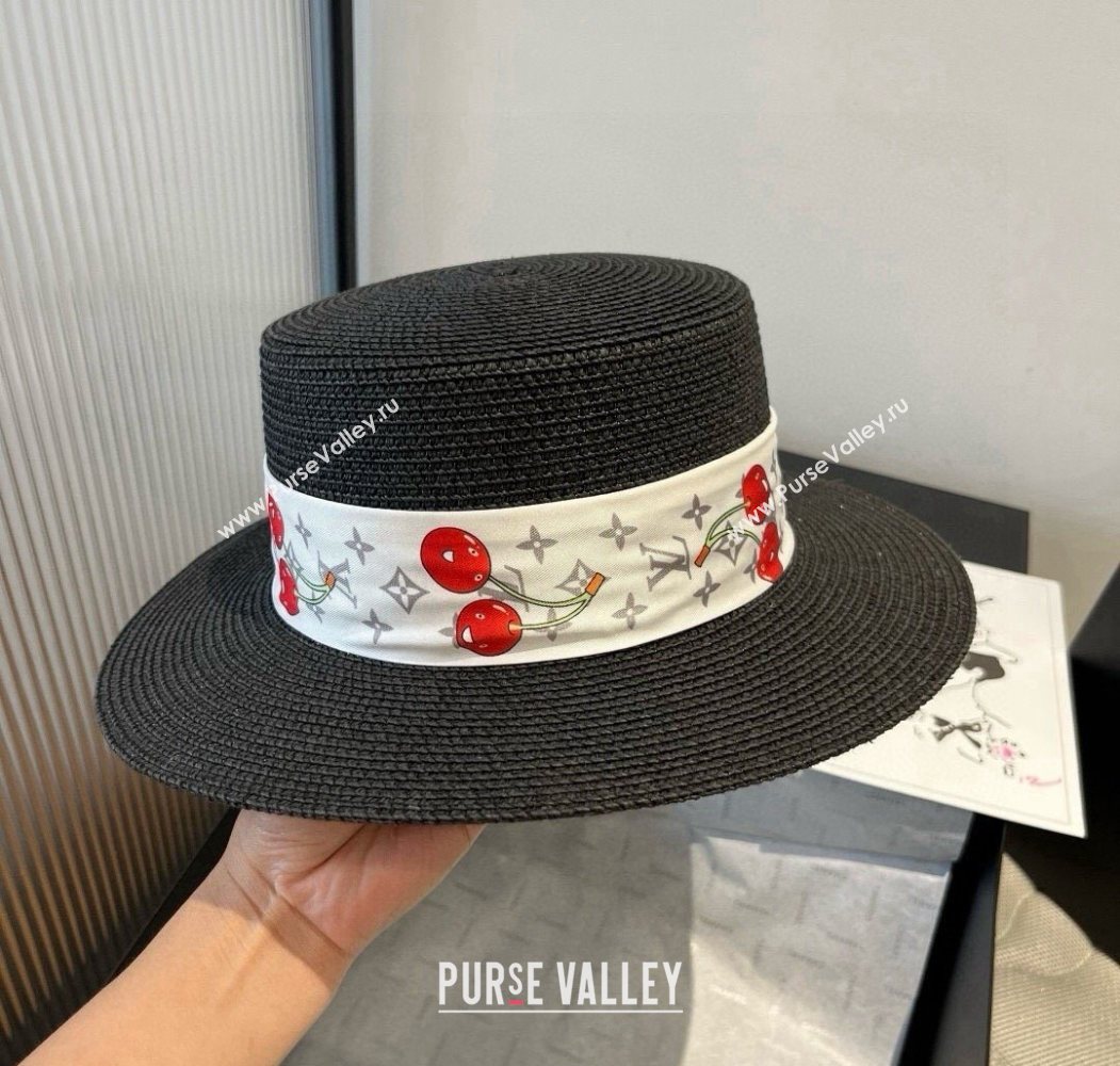 Louis Vuitton Straw Wide Brim Hat with Cherry Band Black 2025 0724 (XMN-250724087)