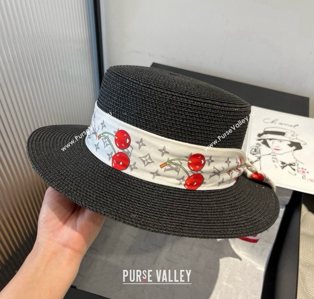 Louis Vuitton Straw Wide Brim Hat with Cherry Band Black 2025 0724 (XMN-250724087)