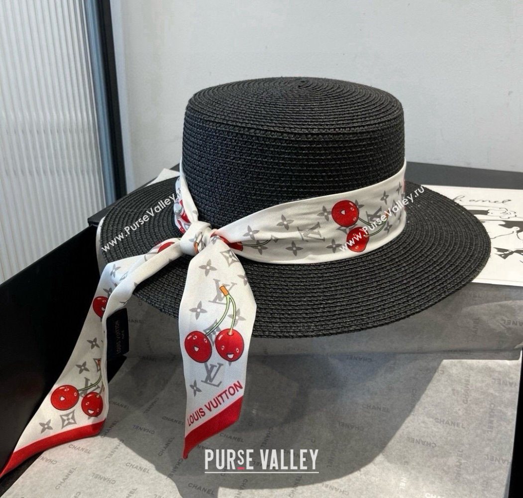 Louis Vuitton Straw Wide Brim Hat with Cherry Band Black 2025 0724 (XMN-250724087)