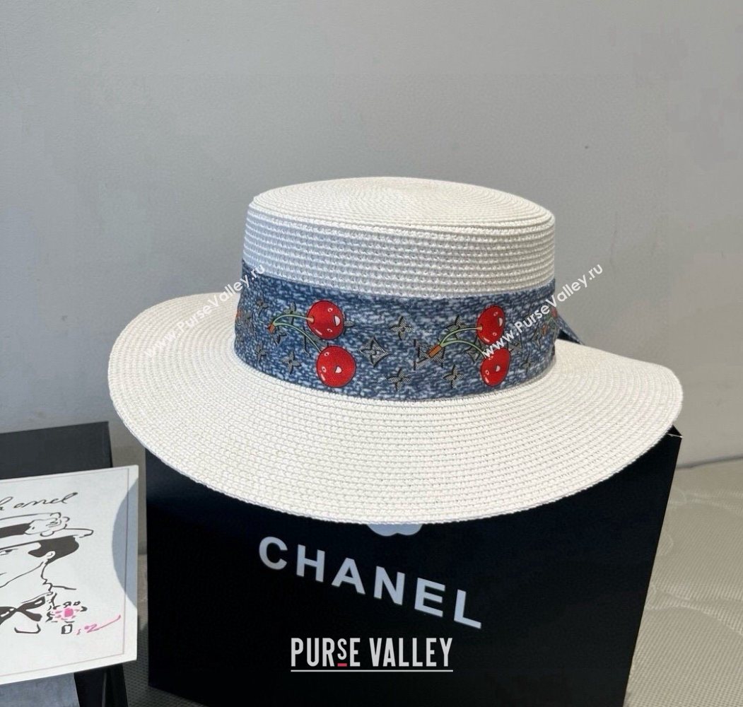 Louis Vuitton Straw Wide Brim Hat with Cherry Band White/Blue 2025 0724 (XMN-250724088)