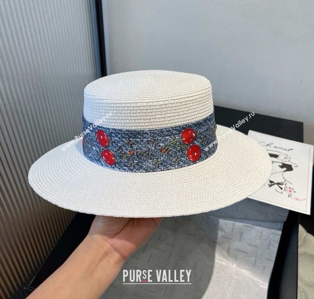 Louis Vuitton Straw Wide Brim Hat with Cherry Band White/Blue 2025 0724 (XMN-250724088)