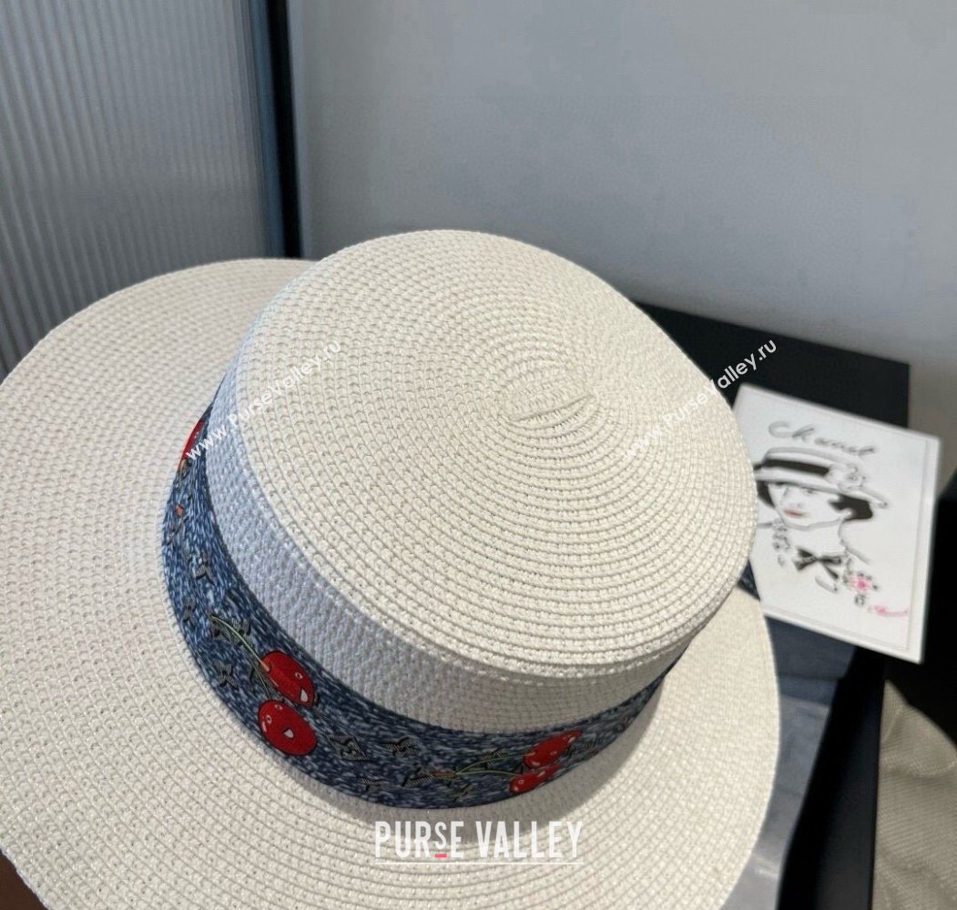 Louis Vuitton Straw Wide Brim Hat with Cherry Band White/Blue 2025 0724 (XMN-250724088)