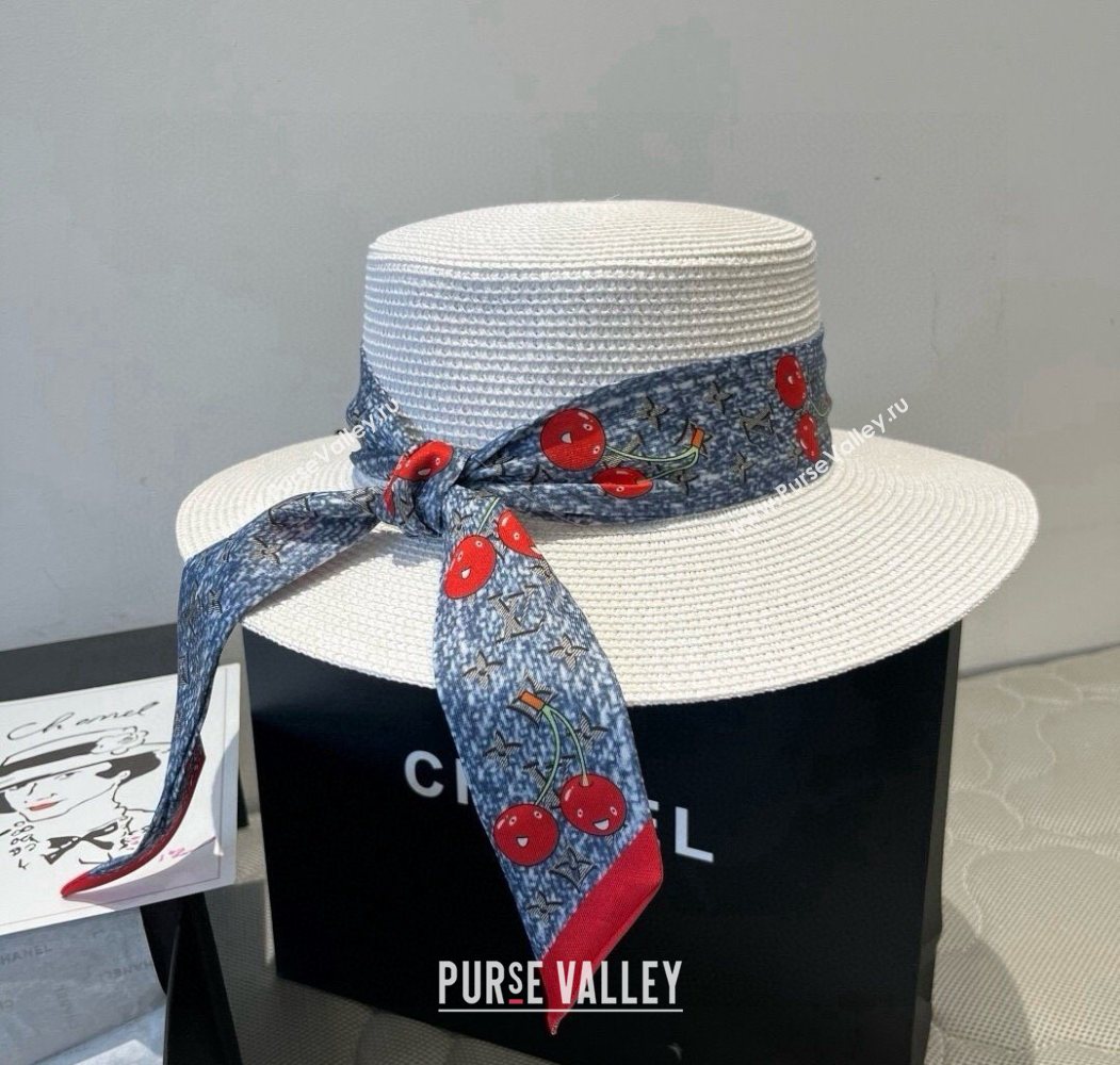 Louis Vuitton Straw Wide Brim Hat with Cherry Band White/Blue 2025 0724 (XMN-250724088)