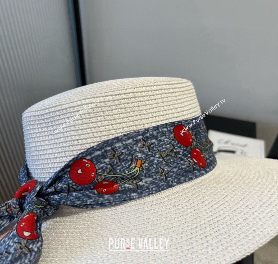 Louis Vuitton Straw Wide Brim Hat with Cherry Band White/Blue 2025 0724 (XMN-250724088)