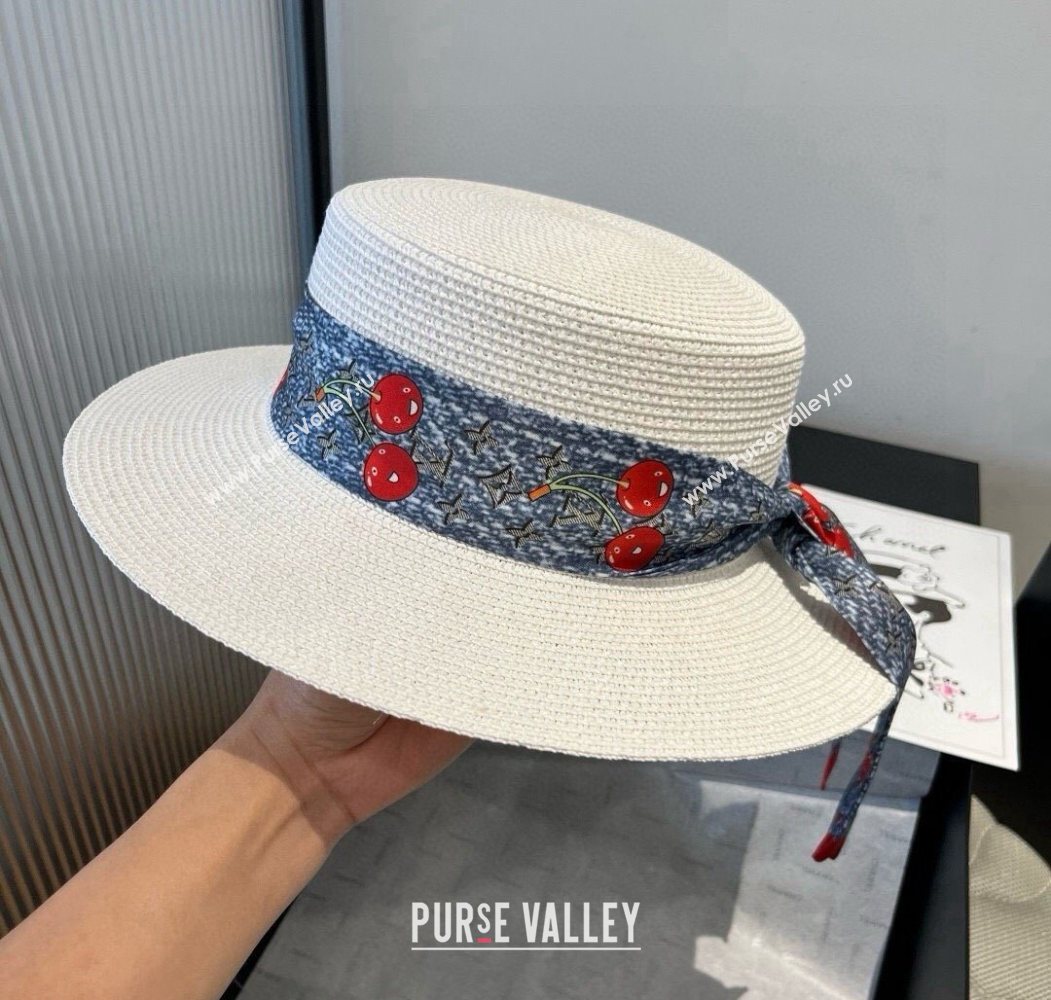 Louis Vuitton Straw Wide Brim Hat with Cherry Band White/Blue 2025 0724 (XMN-250724088)