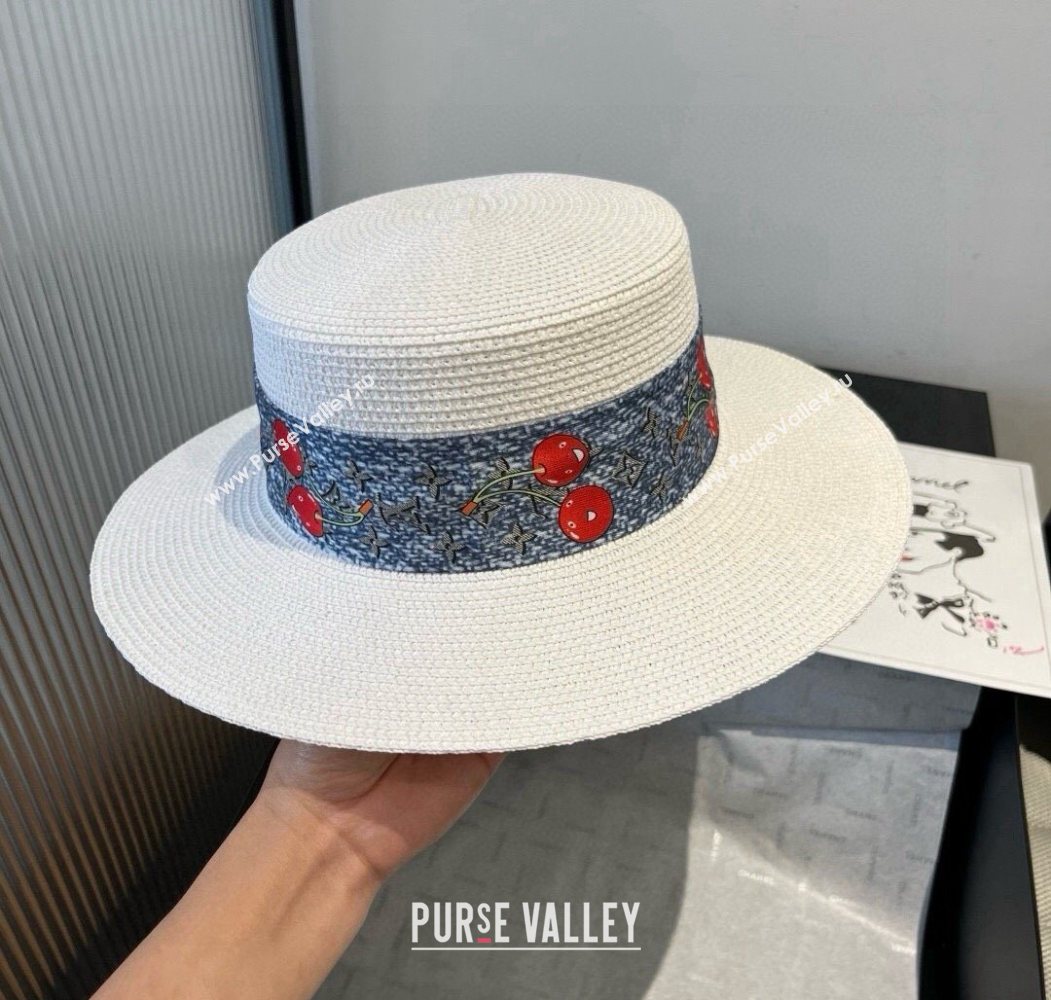 Louis Vuitton Straw Wide Brim Hat with Cherry Band White/Blue 2025 0724 (XMN-250724088)