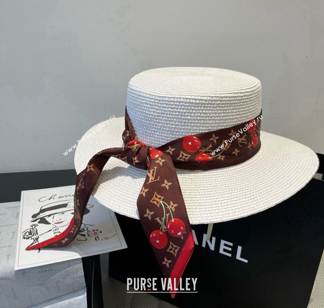 Louis Vuitton Straw Wide Brim Hat with Cherry Band White/Brown 2025 0724 (XMN-250724089)