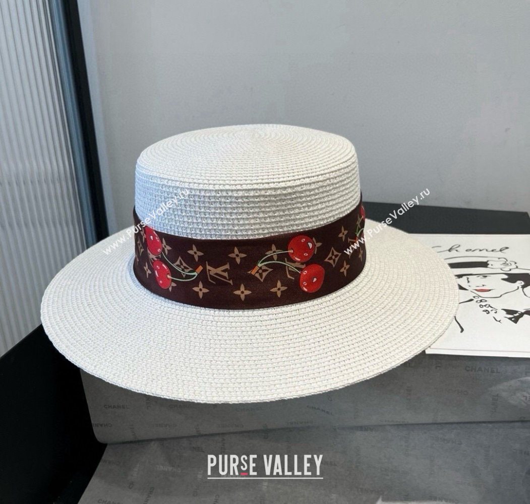 Louis Vuitton Straw Wide Brim Hat with Cherry Band White/Brown 2025 0724 (XMN-250724089)