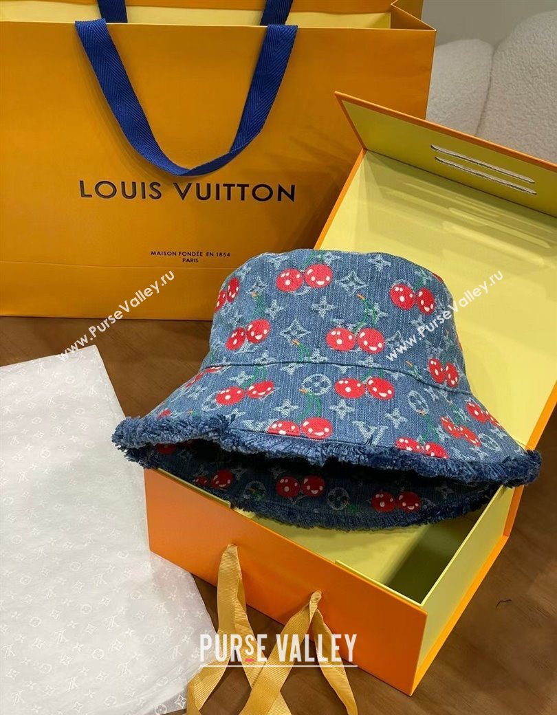Louis Vuitton LV x TM Cerise Cherry Denim Bucket Hat Blue 2025 0724 (MAO-250724040)