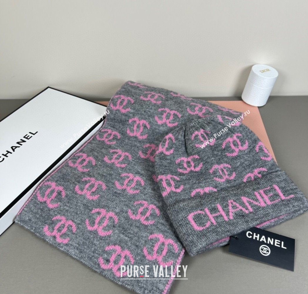 Chanel CC Allover Hat and Scarf Set Grey/Pink 2025 CH111108 (SHI-251111114)