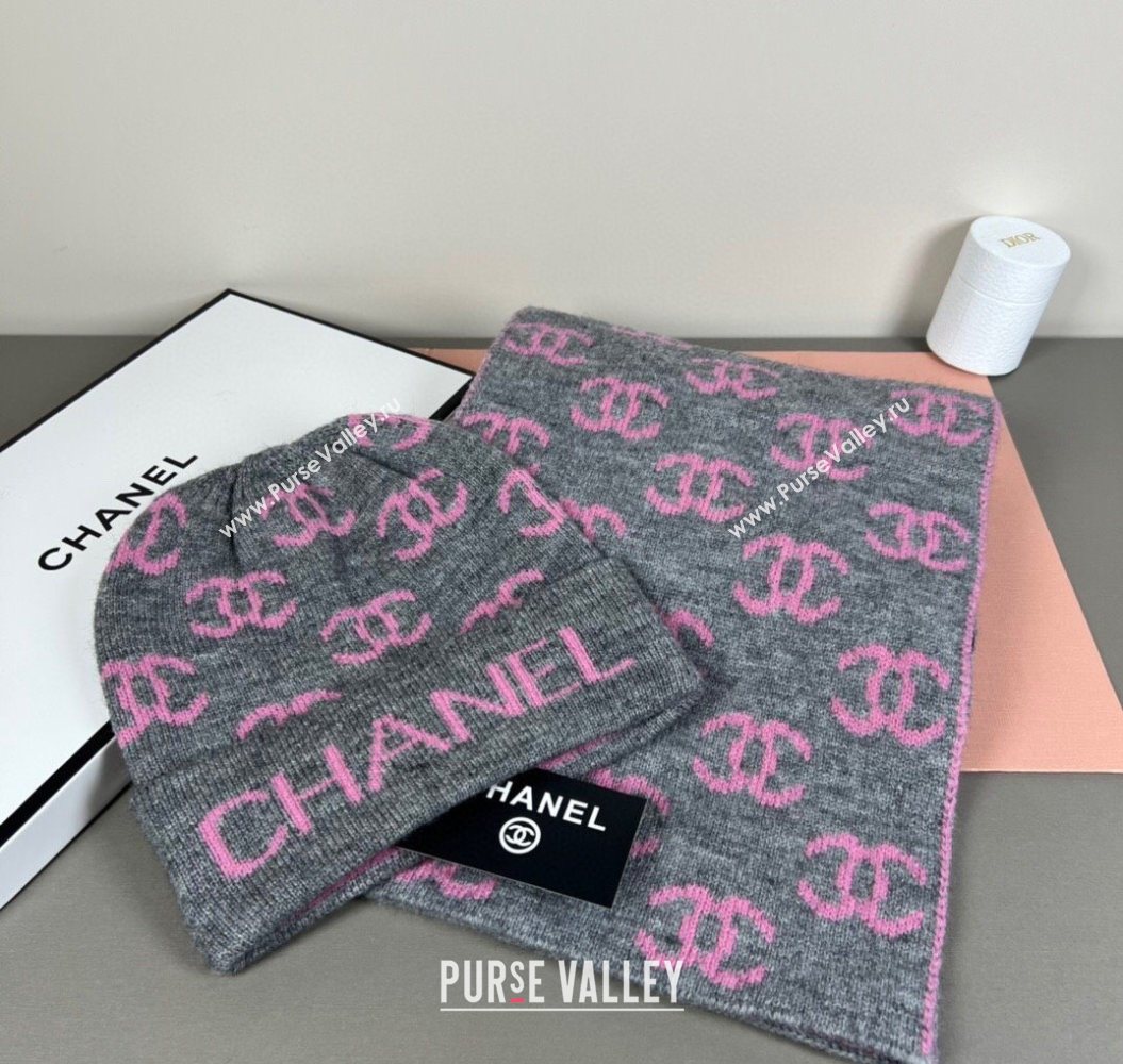 Chanel CC Allover Hat and Scarf Set Grey/Pink 2025 CH111108 (SHI-251111114)
