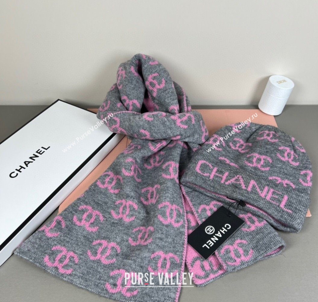 Chanel CC Allover Hat and Scarf Set Grey/Pink 2025 CH111108 (SHI-251111114)