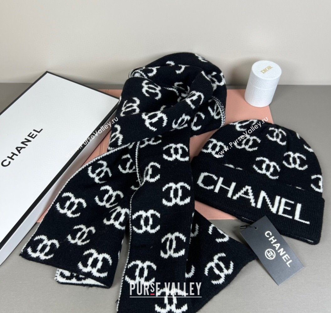 Chanel CC Allover Hat and Scarf Set Black/White 2025 CH111108 (SHI-251111115)