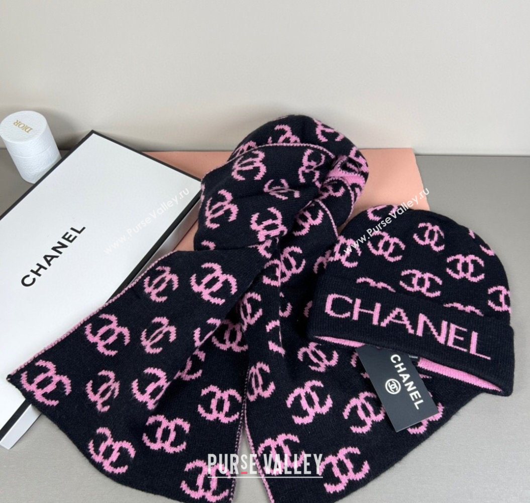 Chanel CC Allover Hat and Scarf Set Black/Pink 2025 CH111108 (SHI-251111116)