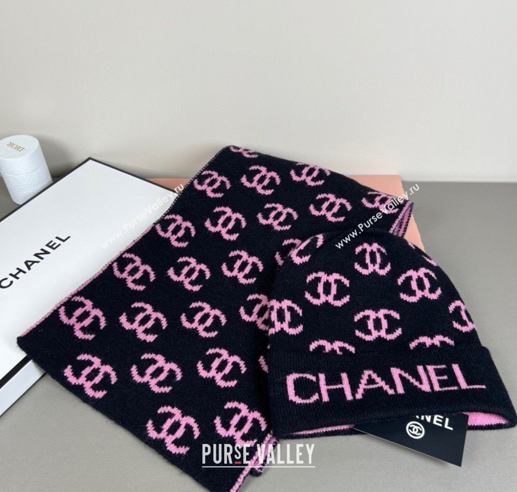 Chanel CC Allover Hat and Scarf Set Black/Pink 2025 CH111108 (SHI-251111116)