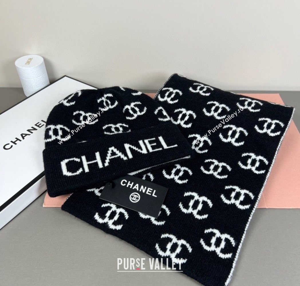 Chanel CC Allover Hat and Scarf Set Black/White 2025 CH111108 (SHI-251111115)