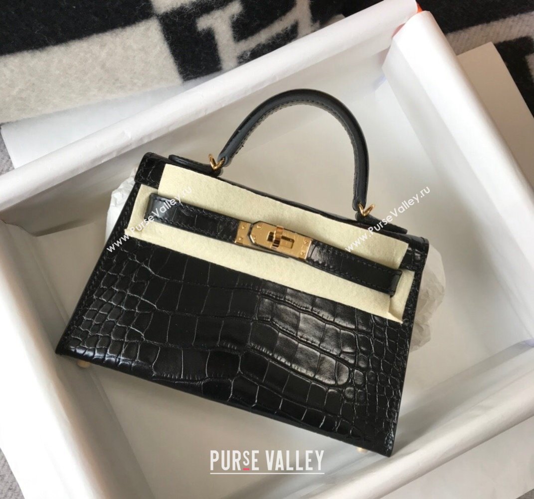 Hermes Kelly Mini Bag 19cm in Crocodile Embossed Calf Leather Black/Gold 2021 (FL-21112948)