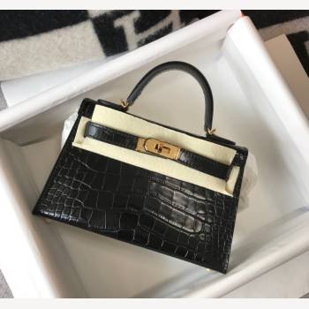 Hermes Kelly Mini Bag 19cm in Crocodile Embossed Calf Leather Black/Gold 2021 (FL-21112948)