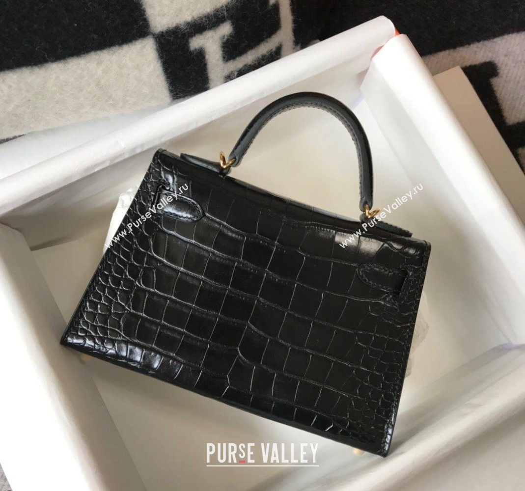 Hermes Kelly Mini Bag 19cm in Crocodile Embossed Calf Leather Black/Gold 2021 (FL-21112948)