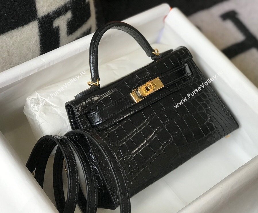 Hermes Kelly Mini Bag 19cm in Crocodile Embossed Calf Leather Black/Gold 2021 (FL-21112948)