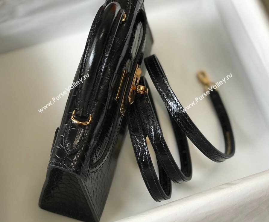 Hermes Kelly Mini Bag 19cm in Crocodile Embossed Calf Leather Black/Gold 2021 (FL-21112948)