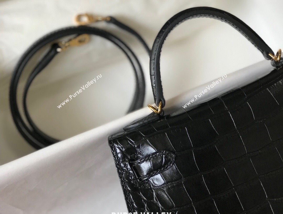 Hermes Kelly Mini Bag 19cm in Crocodile Embossed Calf Leather Black/Gold 2021 (FL-21112948)