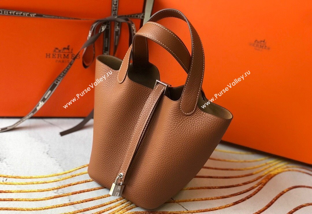 Hermes Picotin Lock Bag 18cm/22cm in Togo Calfskin Golden Brown/Silver 2023 11287 (FL-231128068)