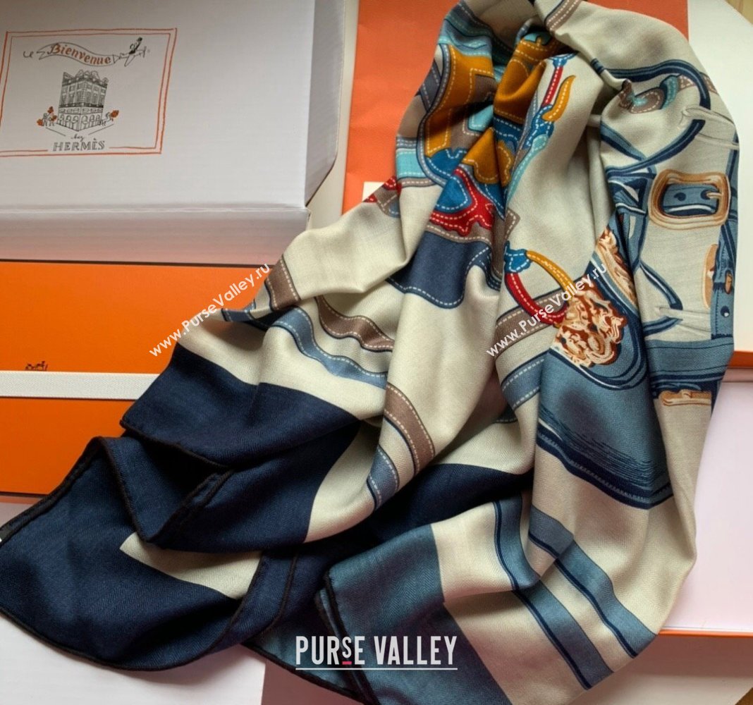 Hermes Brides de Gala Applique Cashmere Silk Sqaure Shawl Scarf 140cm Denim Blue 2024 0130 (WNS-24013015)