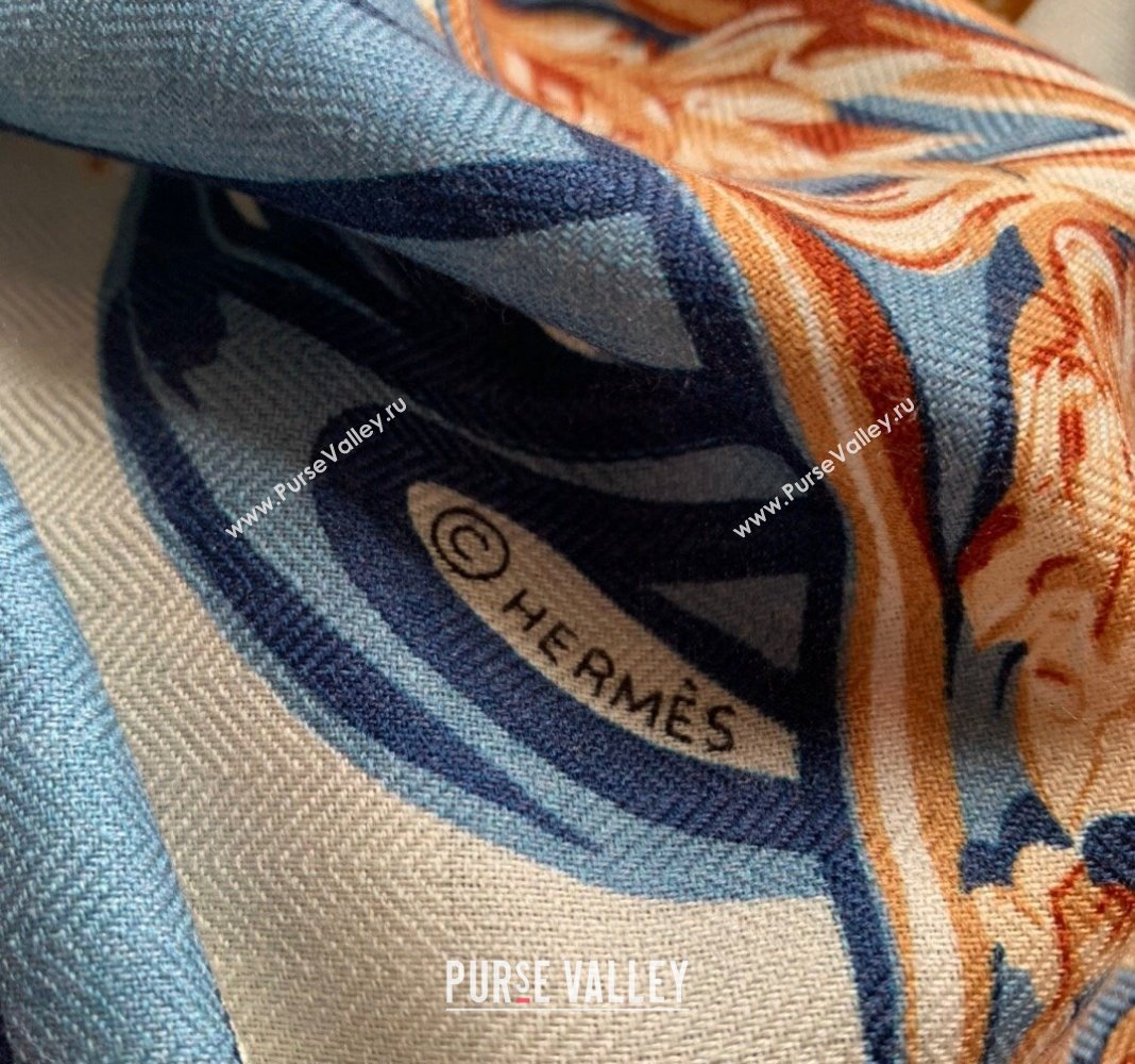 Hermes Brides de Gala Applique Cashmere Silk Sqaure Shawl Scarf 140cm Denim Blue 2024 0130 (WNS-24013015)