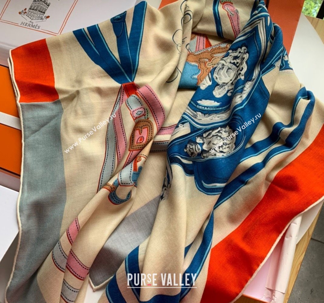 Hermes Cashmere Silk Sqaure Shawl Scarf 140cm Orange/Blue 2024 0130 (WNS-24013016)