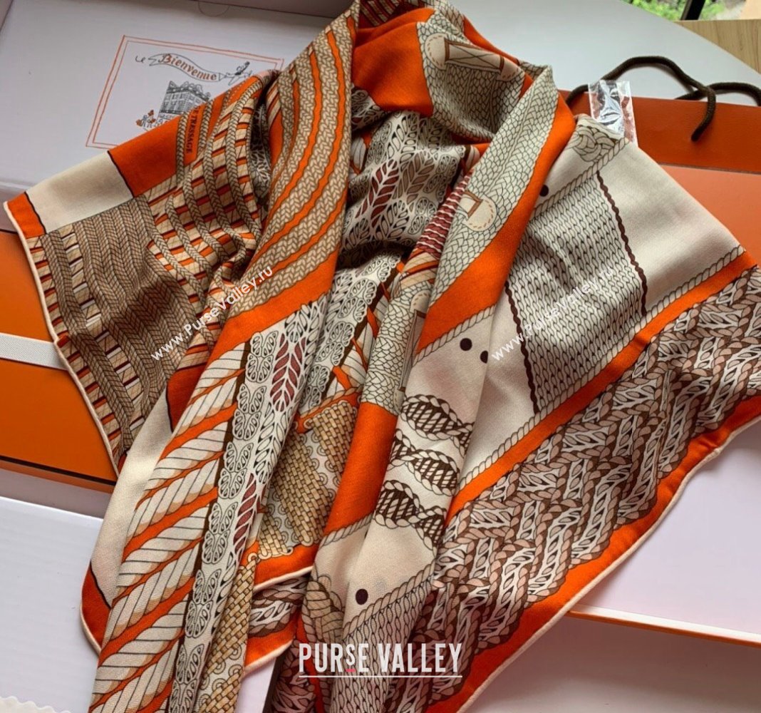 Hermes Dressage Tressage Cashmere Silk Sqaure Shawl Scarf 140cm Orange 2024 0130 (WNS-24013024)