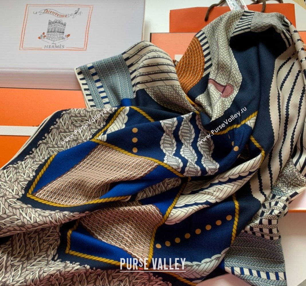 Hermes Dressage Tressage Cashmere Silk Sqaure Shawl Scarf 140cm Blue 2024 0130 (WNS-24013026)