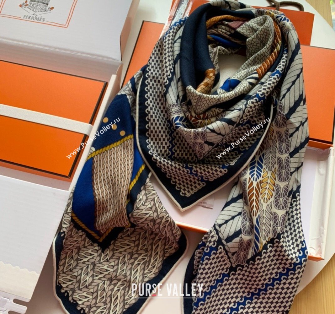 Hermes Dressage Tressage Cashmere Silk Sqaure Shawl Scarf 140cm Blue 2024 0130 (WNS-24013026)