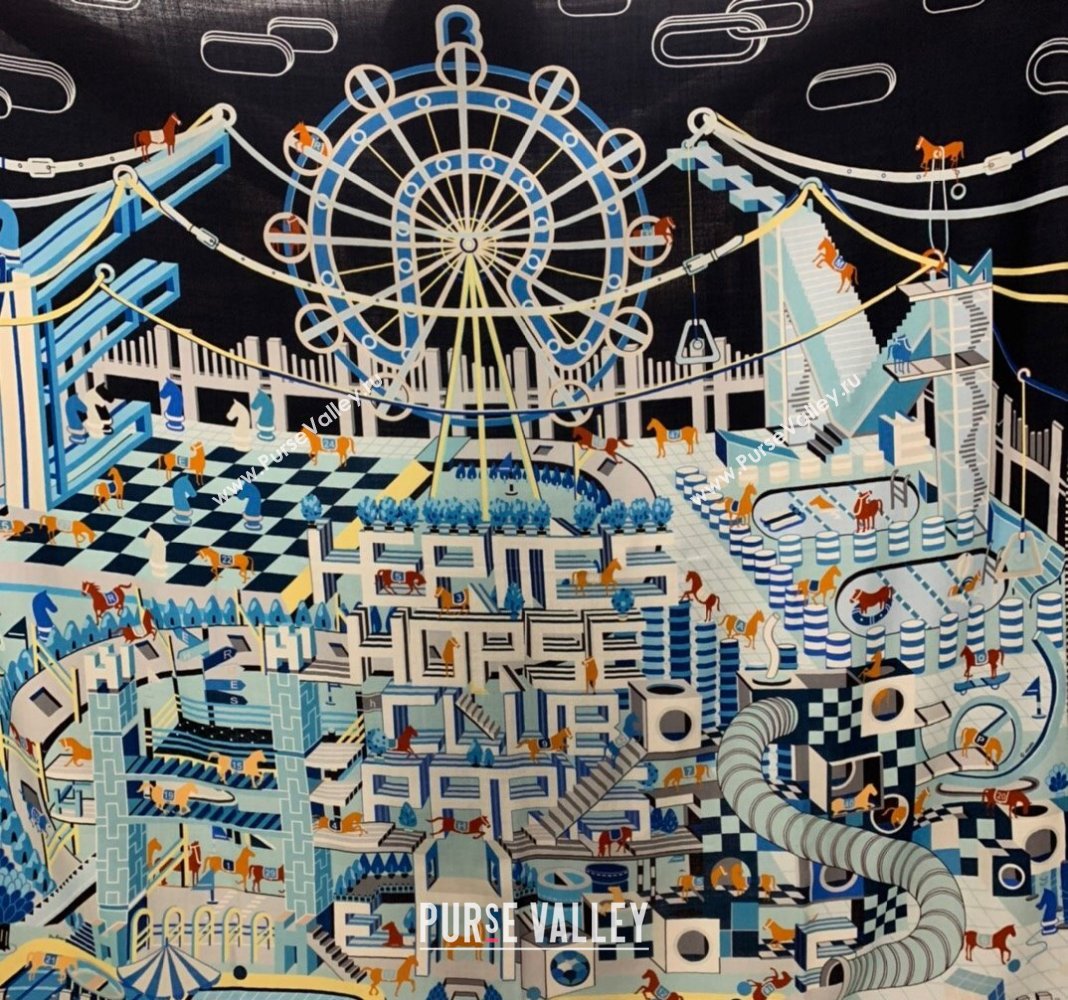 Hermes Horse Racing Club Cashmere Silk Sqaure Shawl Scarf 140cm Blue 2 2024 0130 (WNS-24013005)