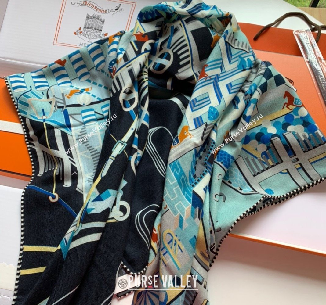 Hermes Horse Racing Club Cashmere Silk Sqaure Shawl Scarf 140cm Blue 2 2024 0130 (WNS-24013005)