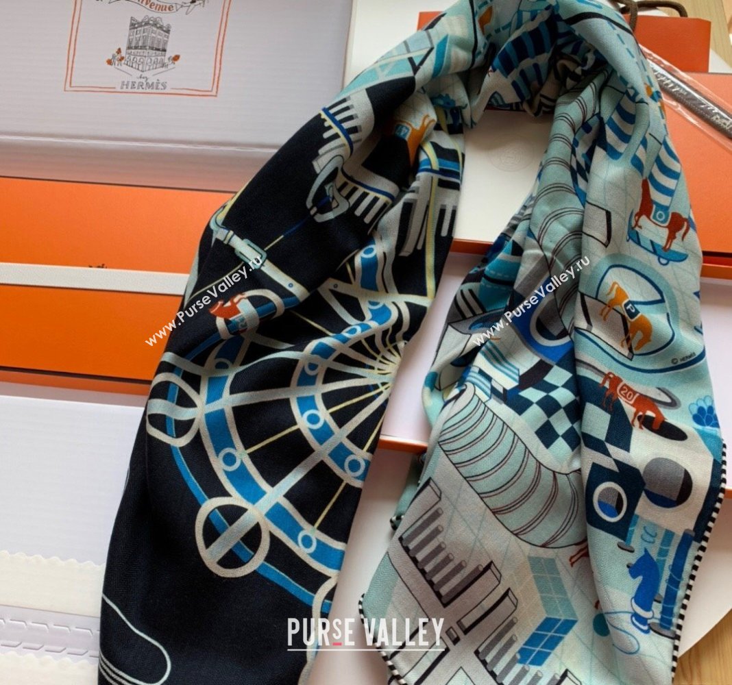 Hermes Horse Racing Club Cashmere Silk Sqaure Shawl Scarf 140cm Blue 2 2024 0130 (WNS-24013005)