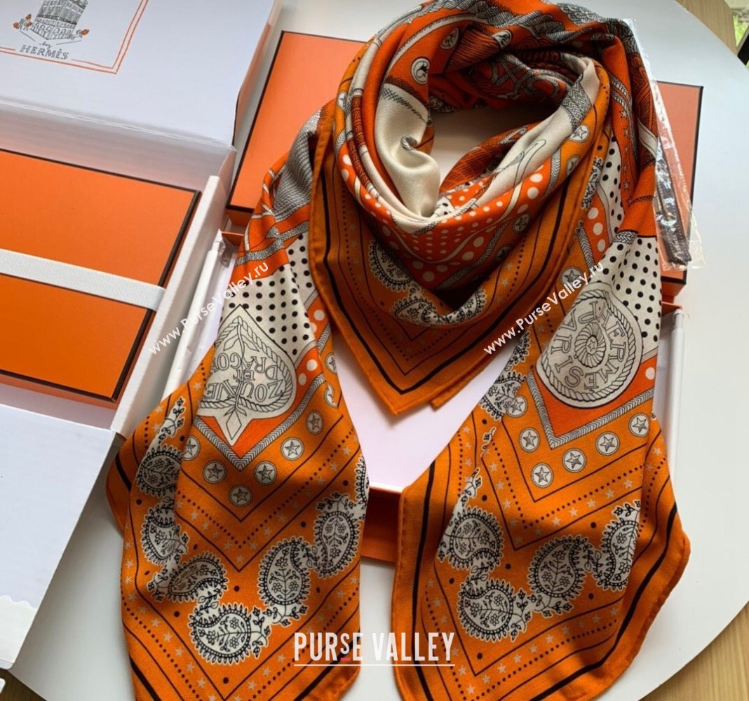 Hermes Zouaves et Dragons Bandana Cashmere Silk Sqaure Shawl Scarf 140cm Orange 2024 0130 (WNS-24013007)