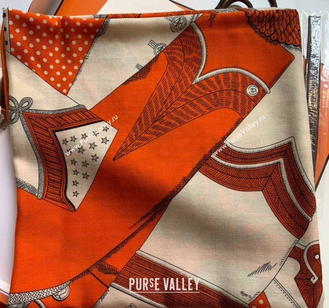 Hermes Zouaves et Dragons Bandana Cashmere Silk Sqaure Shawl Scarf 140cm Orange 2024 0130 (WNS-24013007)