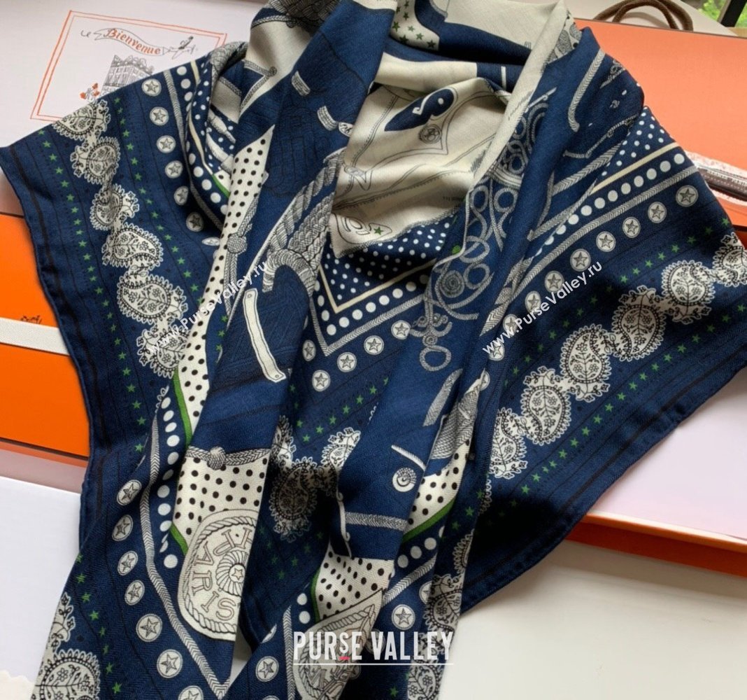 Hermes Zouaves et Dragons Bandana Cashmere Silk Sqaure Shawl Scarf 140cm Navy Blue 2024 0130 (WNS-24013008)