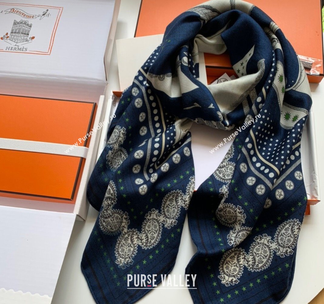 Hermes Zouaves et Dragons Bandana Cashmere Silk Sqaure Shawl Scarf 140cm Navy Blue 2024 0130 (WNS-24013008)