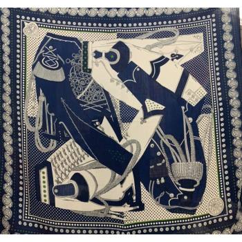 Hermes Zouaves et Dragons Bandana Cashmere Silk Sqaure Shawl Scarf 140cm Navy Blue 2024 0130 (WNS-24013008)