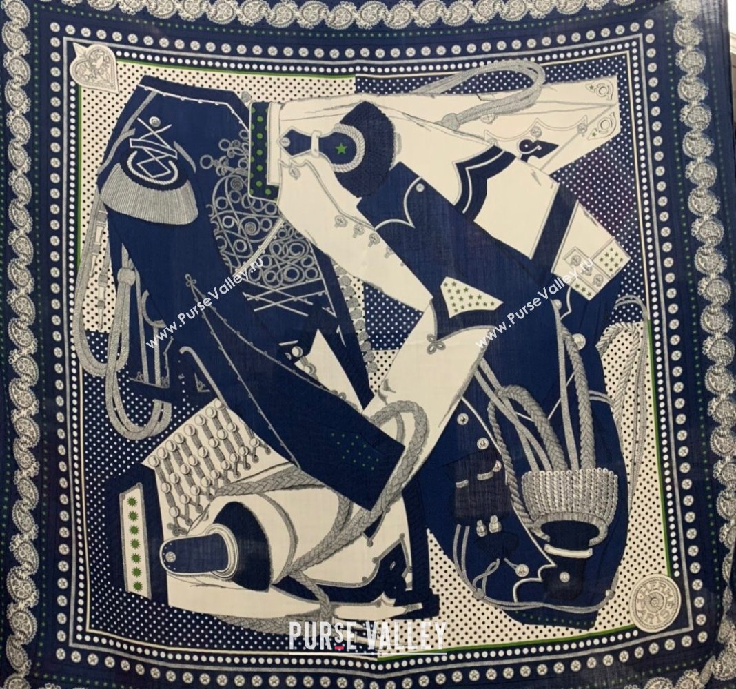 Hermes Zouaves et Dragons Bandana Cashmere Silk Sqaure Shawl Scarf 140cm Navy Blue 2024 0130 (WNS-24013008)