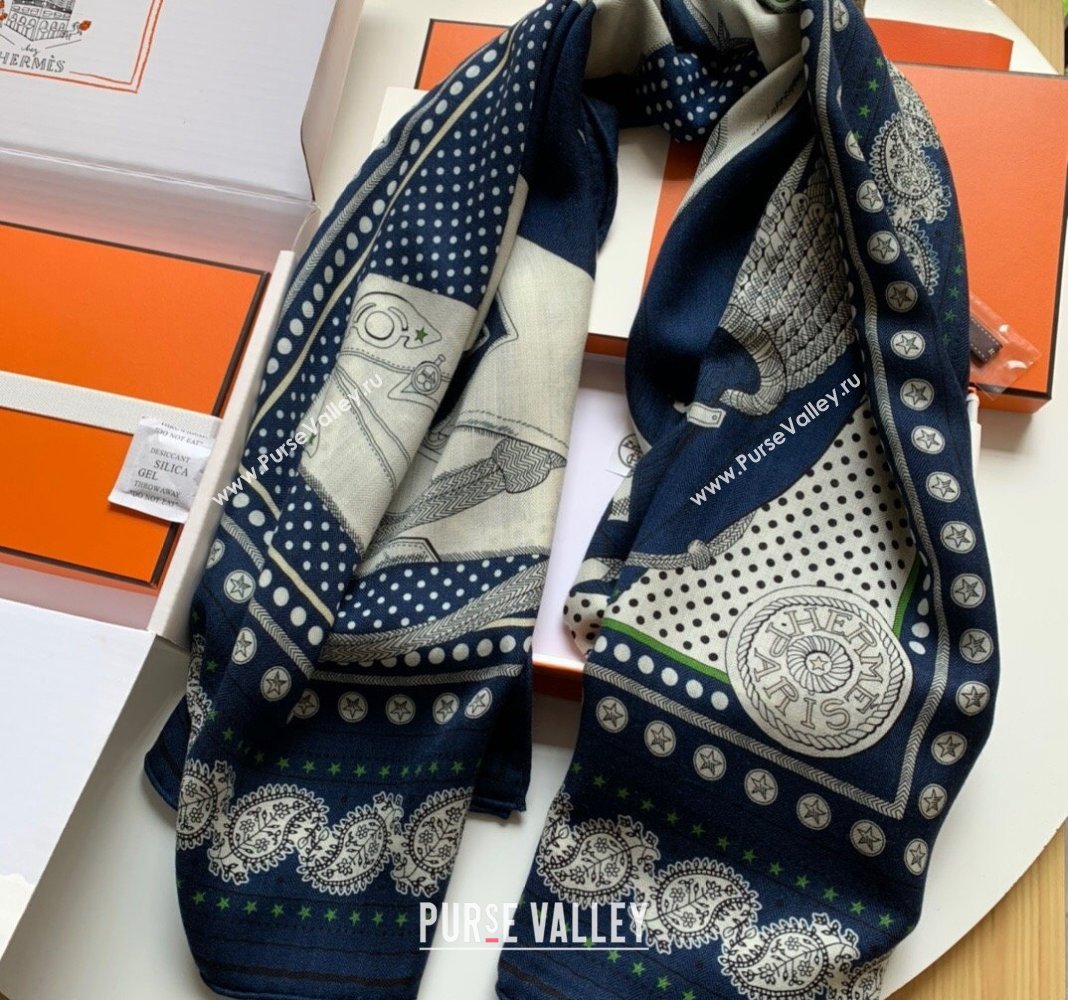 Hermes Zouaves et Dragons Bandana Cashmere Silk Sqaure Shawl Scarf 140cm Navy Blue 2024 0130 (WNS-24013008)