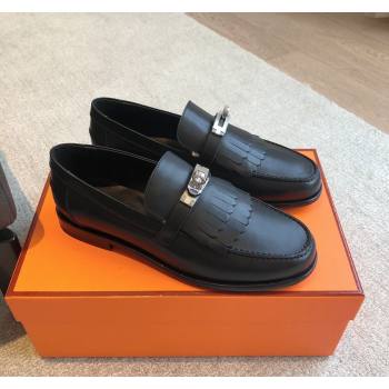 Hermes Destin Loafers in Fringed Calfskin with Kelly Buckle Black/Silver 2024 0226 (XC-240226088)