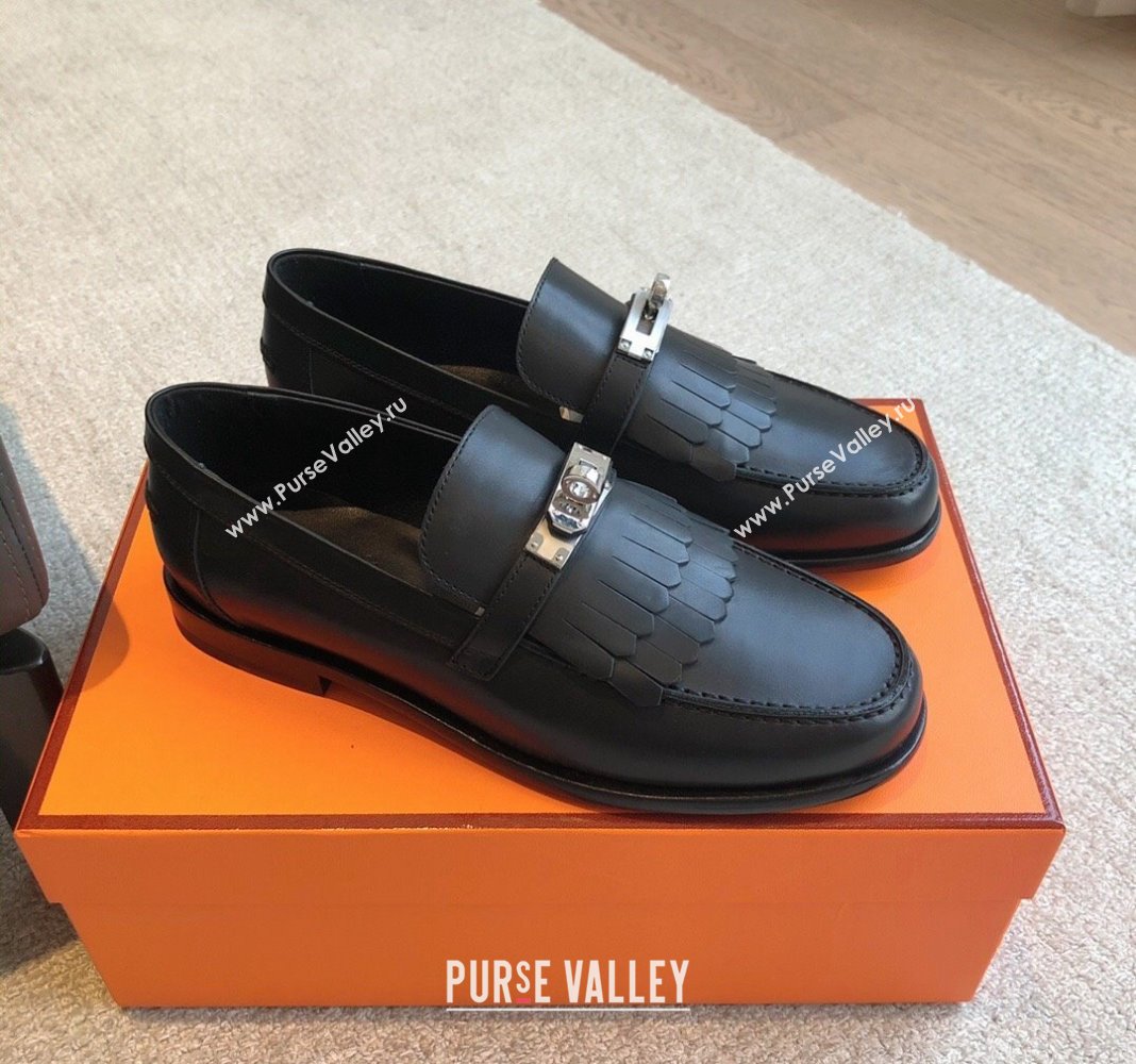 Hermes Destin Loafers in Fringed Calfskin with Kelly Buckle Black/Silver 2024 0226 (XC-240226088)