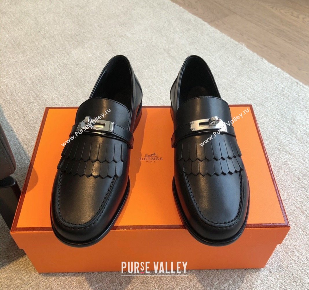 Hermes Destin Loafers in Fringed Calfskin with Kelly Buckle Black/Silver 2024 0226 (XC-240226088)