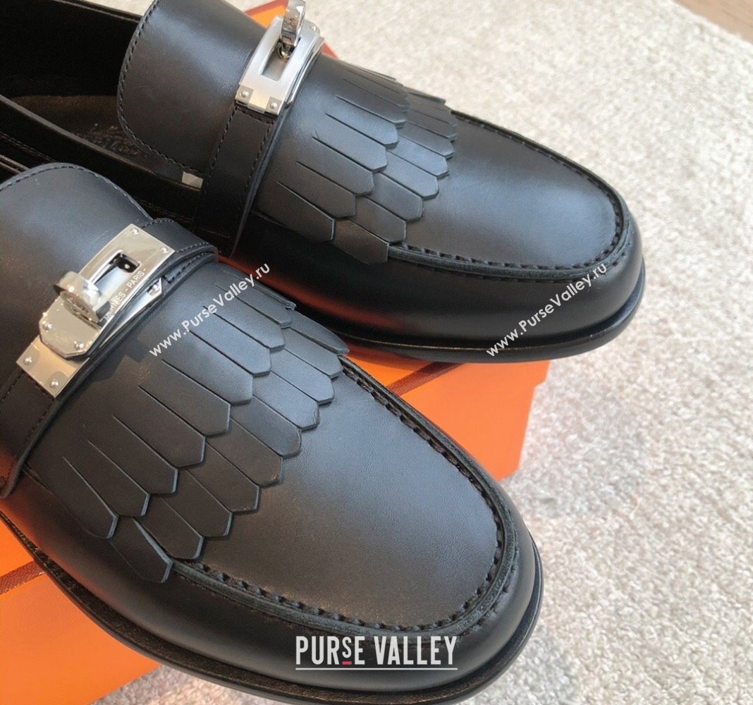 Hermes Destin Loafers in Fringed Calfskin with Kelly Buckle Black/Silver 2024 0226 (XC-240226088)