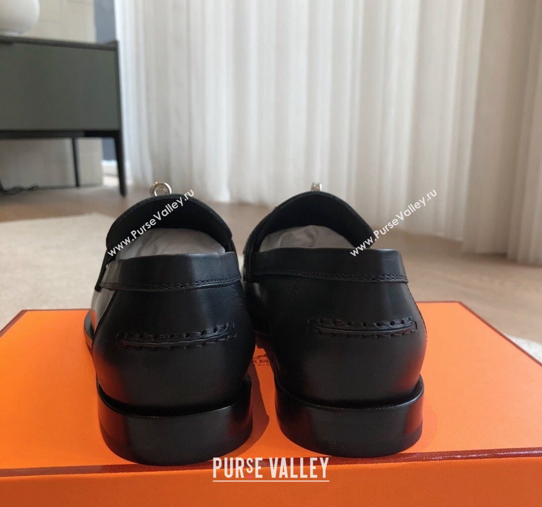 Hermes Destin Loafers in Fringed Calfskin with Kelly Buckle Black/Silver 2024 0226 (XC-240226088)