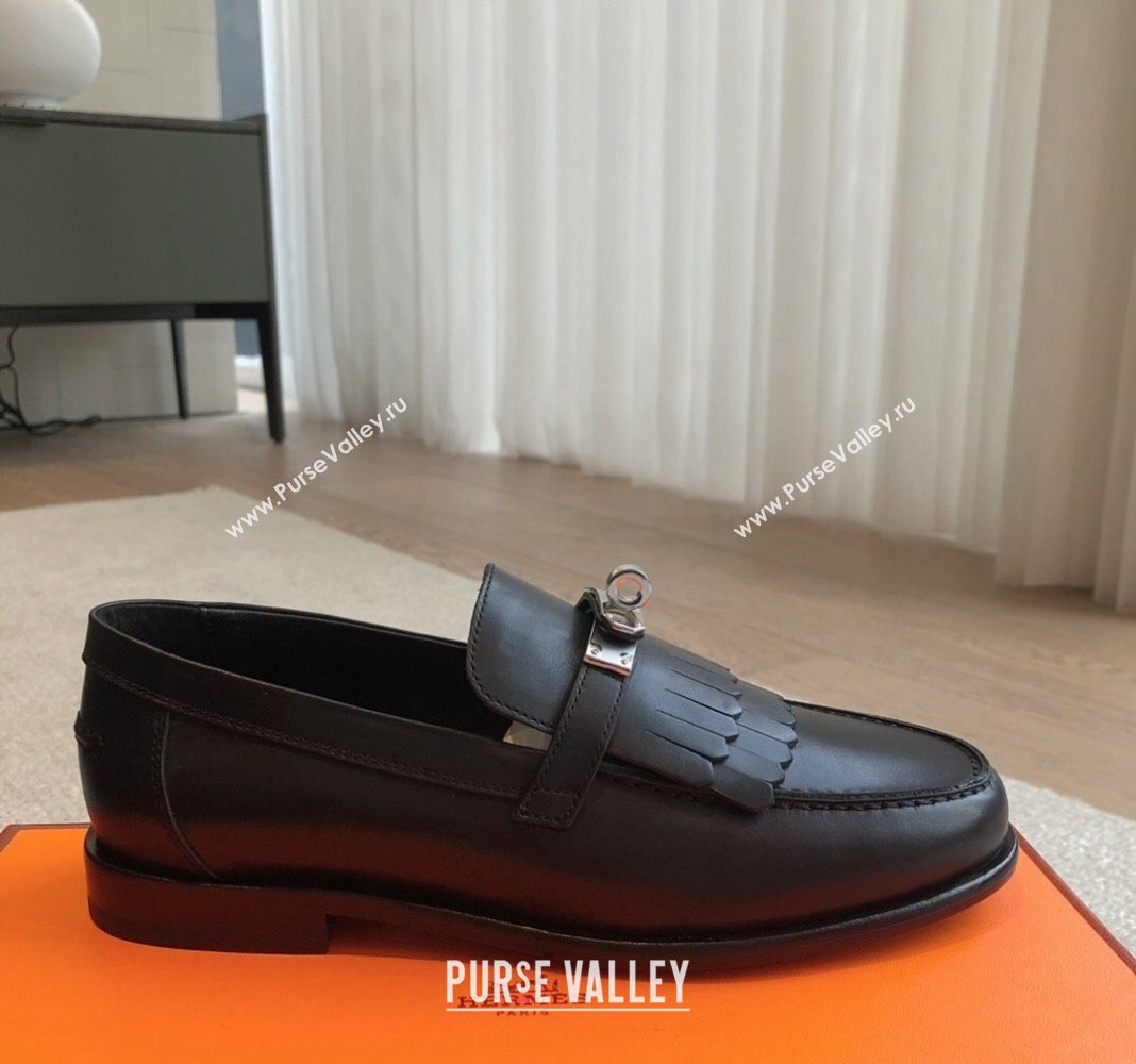 Hermes Destin Loafers in Fringed Calfskin with Kelly Buckle Black/Silver 2024 0226 (XC-240226088)